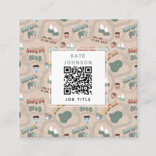 Cute Colorful Trains on Train Tracks QR Code Square Business Card