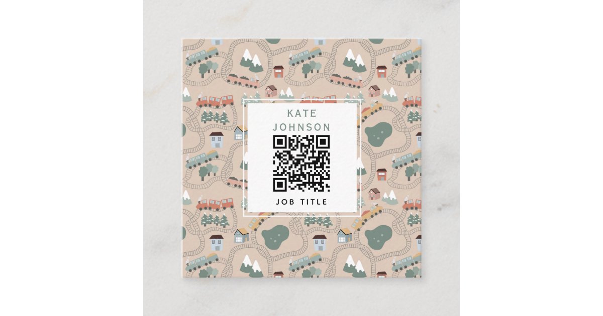 Cute Colorful Trains on Train Tracks QR Code Square Business Card | Zazzle