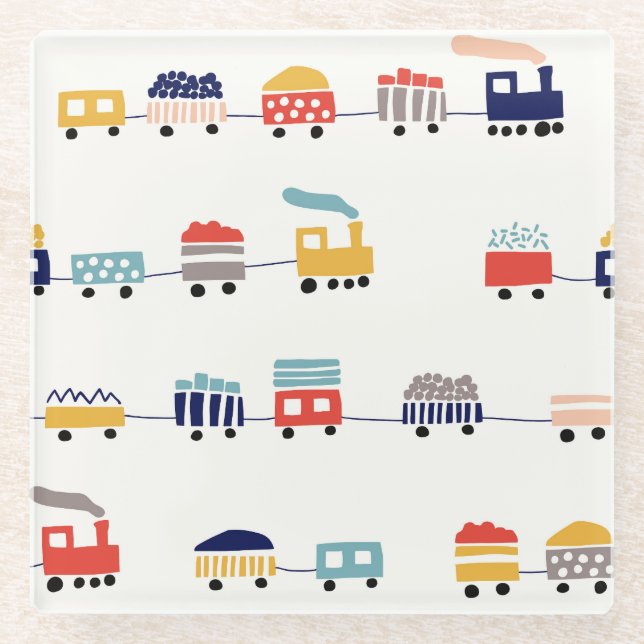 Cute, colorful trains seamless pattern. glass coaster (Front)