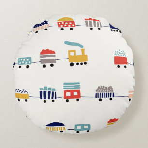 Cute, colorful trains seamless pattern. round pillow