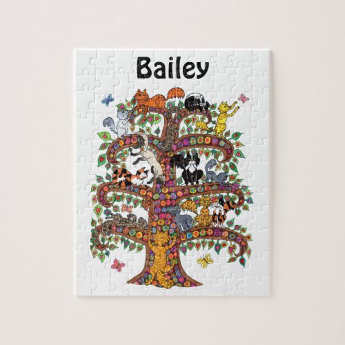 Cute Colorful Tree Cats Flowers Monogram Name Jigsaw Puzzle