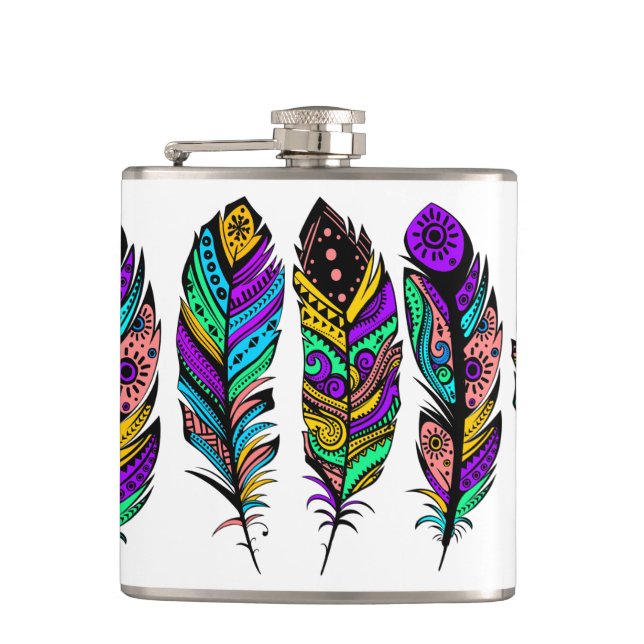 Cute Colorful Tribal Feathers Hip Flask (Front)