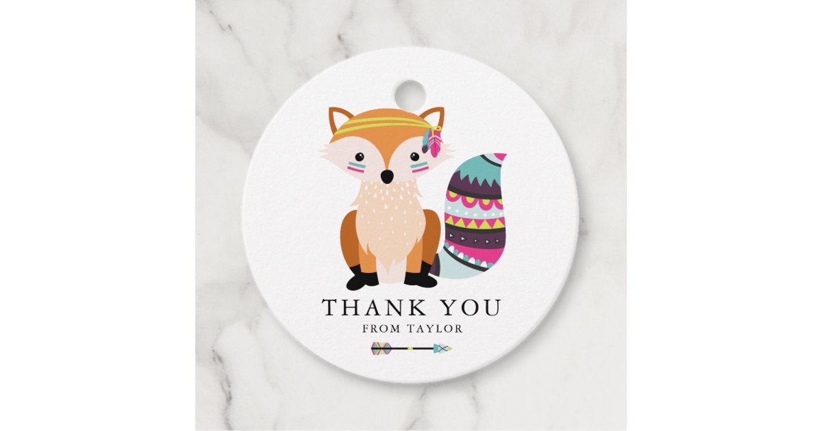 CUte Colorful Tribal Fox Kids Birthday Thank You Favor Tags | Zazzle
