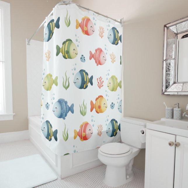 Cute Colorful Tropical Fish Pattern Shower Curtain (In Situ)