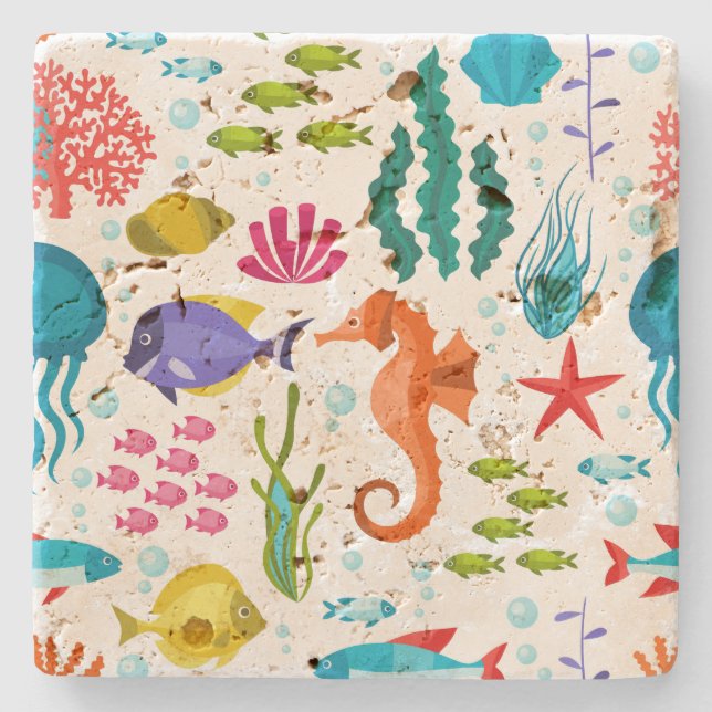Cute colorful tropical life illustration stone coaster (Front)