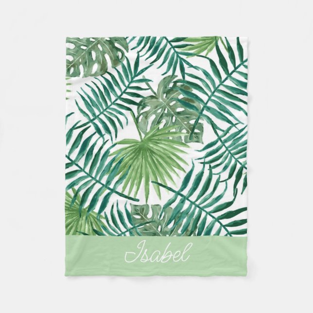 Cute Colorful Tropical Palm Leaves Name Baby  Fleece Blanket (Front)