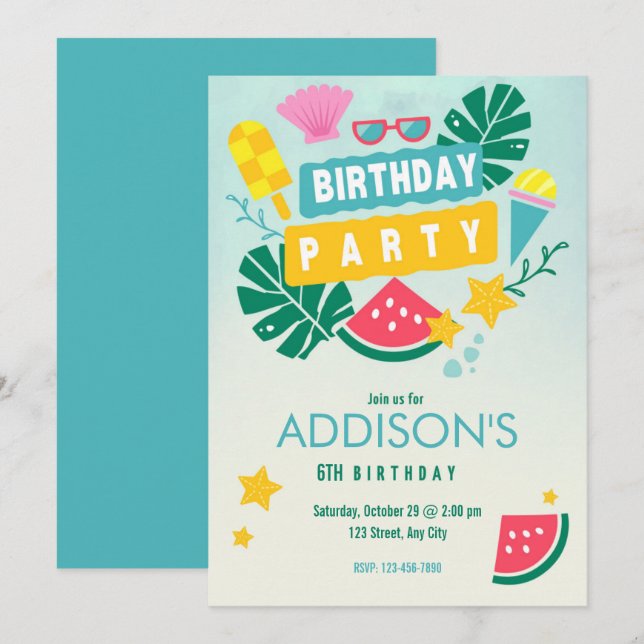 Cute Colorful Tropical Summer Pool Birthday Party  Invitation (Front/Back)