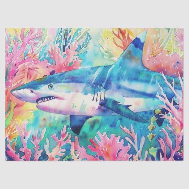 Cute Colorful Tropical Watercolor Shark Tissue Paper (Front)