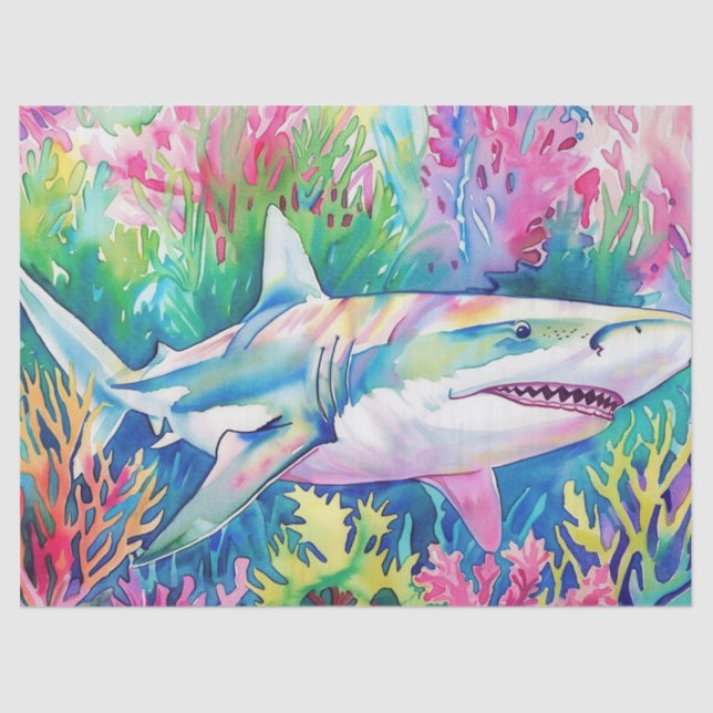 Cute Colorful Tropical Watercolor Shark Tissue Paper (Front)