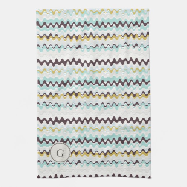 Cute colorful turquoise abstract pattern monogram kitchen towel (Vertical)