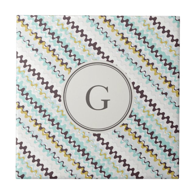 Cute colorful turquoise abstract pattern monogram tile (Front)