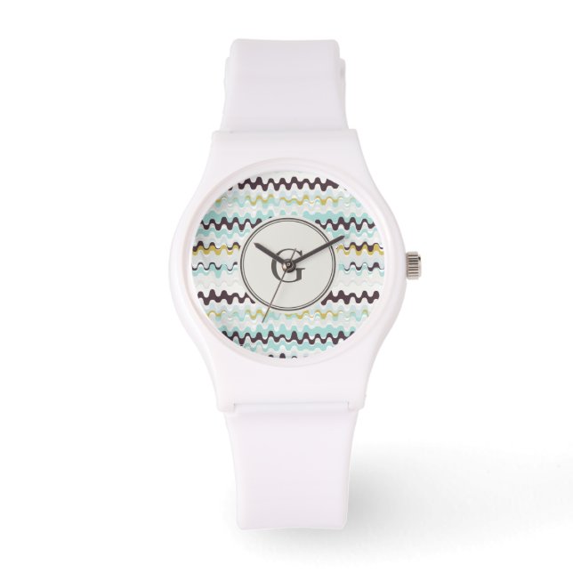 Cute colorful turquoise abstract pattern monogram watch (Front)