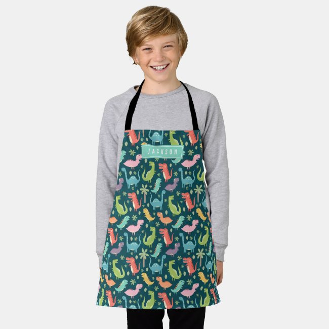 Cute & Colorful Turquoise Dinosaur Pattern Kids Apron