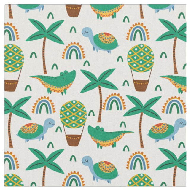 Cute Colorful Turtle Alligator Rainbow Pattern Fabric (Close Up)
