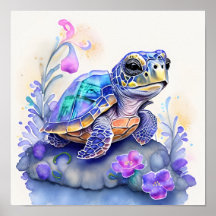 Cute Colorful Turtle Surrounded by Flowers
