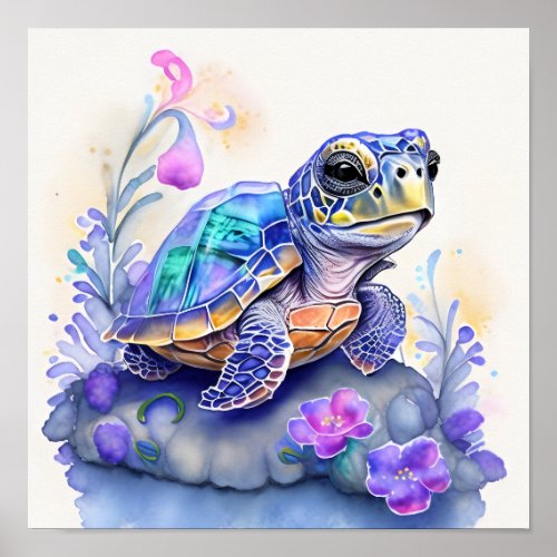 Cute Colorful Turtle Surrounded by Flowers Poster