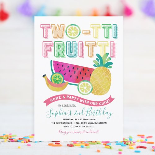 Cute Colorful Twotti Frutti 2nd Birthday Invitation