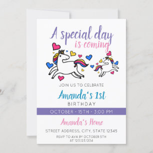 Cute Colorful Unicorn 1st Birthday Invitation