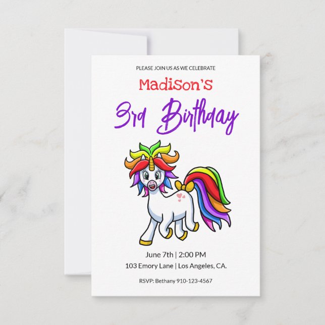 Cute Colorful Unicorn Birthday Invitation (Front)