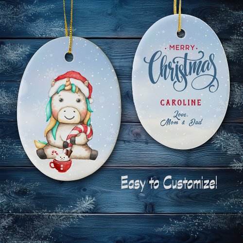 Cute Colorful Unicorn Candy Cane Kids Ceramic Ornament