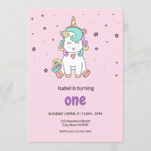 Cute Colorful Unicorn   Pastel Pink Birthday Invitation