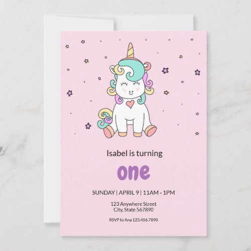 Cute Colorful Unicorn  Pastel Pink Birthday Invitation