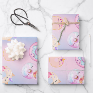 Cute colorful Unicorn pastel Rainbow Donuts Wrapping Paper Sheets