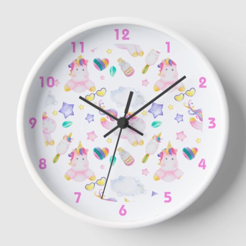 Cute Colorful Unicorn Pattern Kids Clock