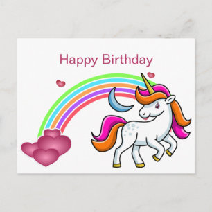 Cute, Colorful Unicorn, Rainbow, Hearts, Birthday Postcard