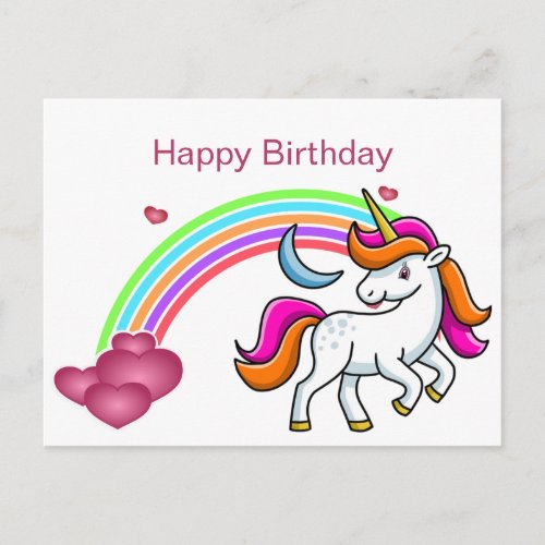 Cute Colorful Unicorn Rainbow Hearts Birthday Postcard