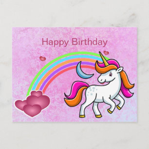 Cute, Colorful Unicorn, Rainbow, Hearts, Birthday Postcard