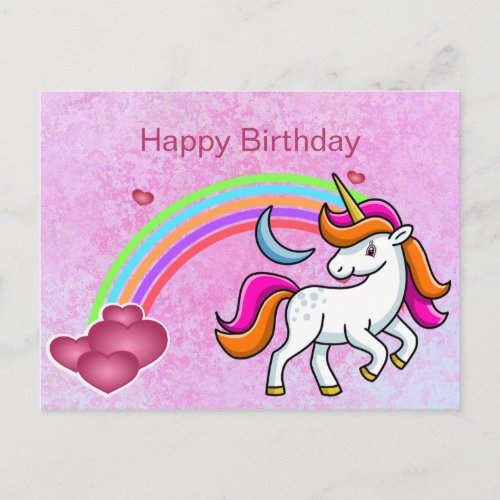 Cute Colorful Unicorn Rainbow Hearts Birthday Postcard