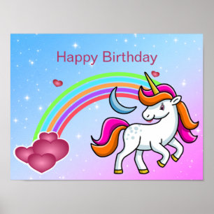 Cute, Colorful Unicorn, Rainbow, Hearts, Birthday Poster