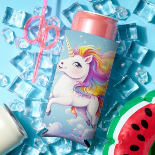 Cute Colorful Unicorns Rainbows Girly Kids Seltzer Can Cooler