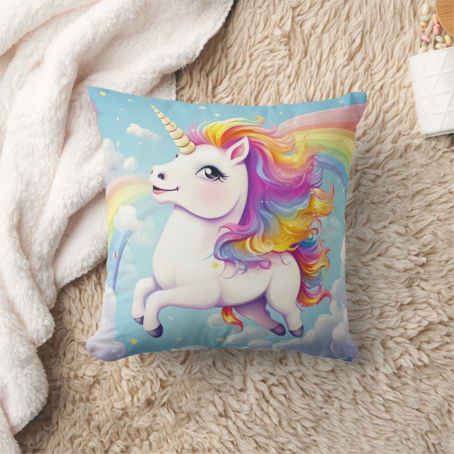Cute Colorful Unicorns Rainbows Girly Kids Throw Pillow (Blanket)