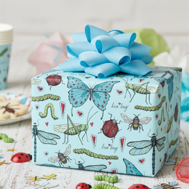 Cute Colorful Vintage Love Bug Insects Wrapping Paper (Cute Blue Love Bug Girly Insect Wrapping Paper for Kids Birthday Party. Fun Bug Pattern for Children)