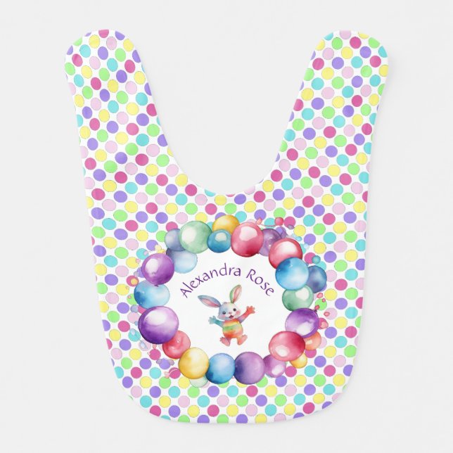 Cute Colorful Watercolor Bunny and Polka Dots Baby Bib (Front)