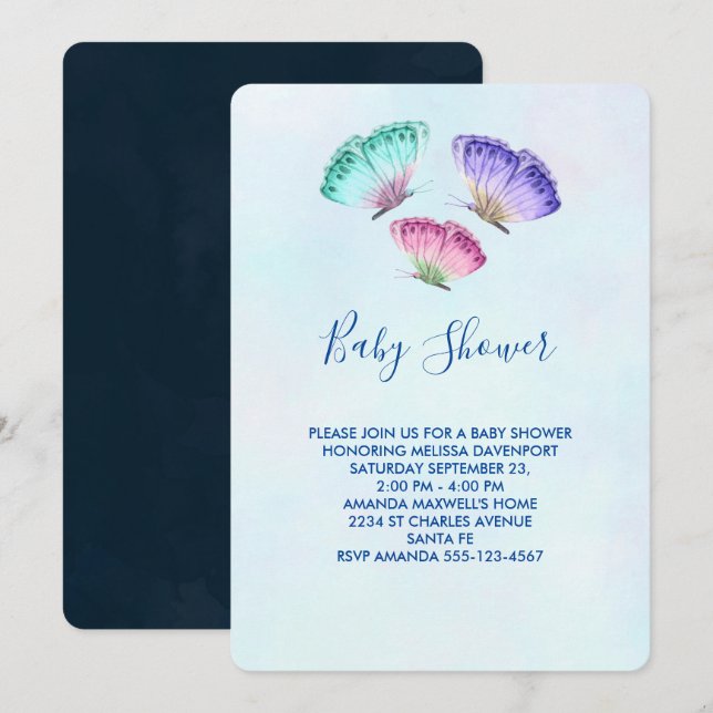 Cute Colorful Watercolor Butterflies Baby Shower Invitation (Front/Back)