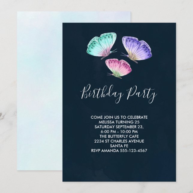 Cute Colorful Watercolor Butterflies Birthday Invitation (Front/Back)