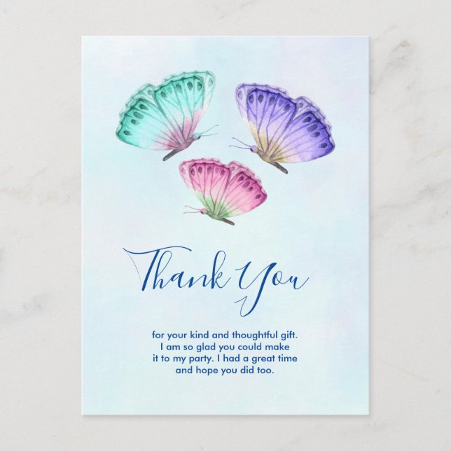 Cute Colorful Watercolor Butterflies Thank You Postcard (Front)