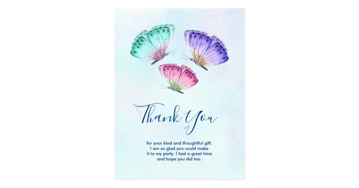 Cute Colorful Watercolor Butterflies Thank You Postcard | Zazzle.com