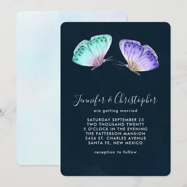 Cute Colorful Watercolor Butterflies Wedding Invitation (Front/Back)