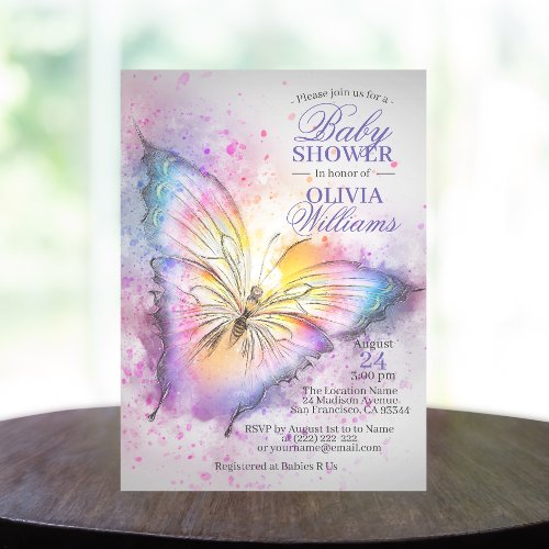 Cute Colorful Watercolor Butterfly Baby Shower Invitation
