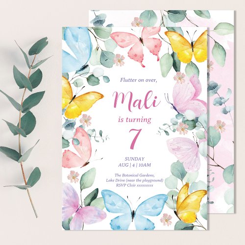 Cute Colorful Watercolor Butterfly Birthday Invitation