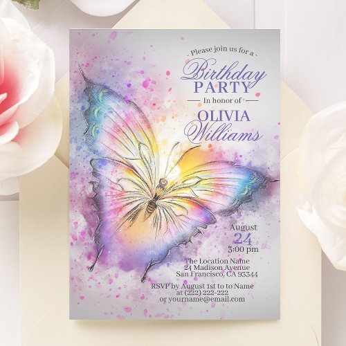 Cute Colorful Watercolor Butterfly Birthday Party Invitation