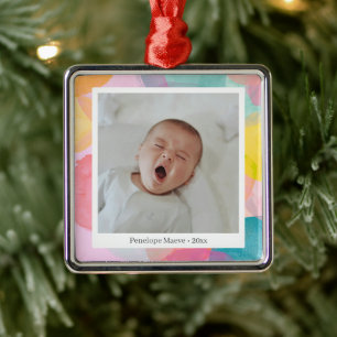 Cute Colorful Watercolor Circles Dots Baby Photo Metal Ornament