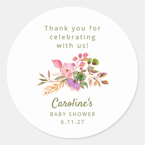 Cute Colorful Watercolor Floral Baby Shower Custom Classic Round Sticker