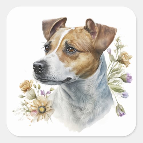 Cute Colorful Watercolor Floral Jack Russell Dog Square Sticker