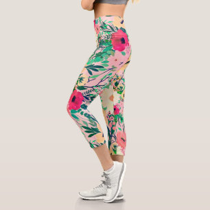 Cute Colorful Watercolor Floral Pink Design Capri Leggings