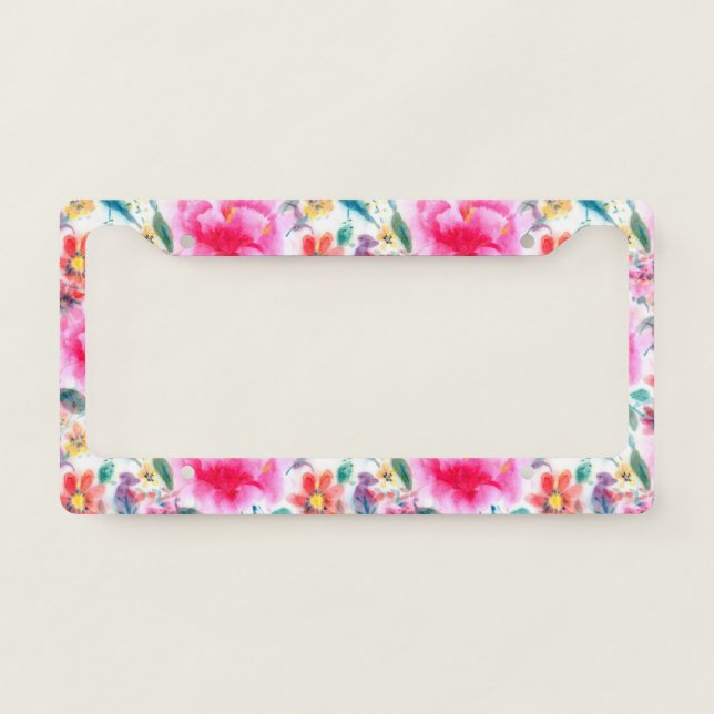 Cute colorful watercolor flowers license plate frame (Front)